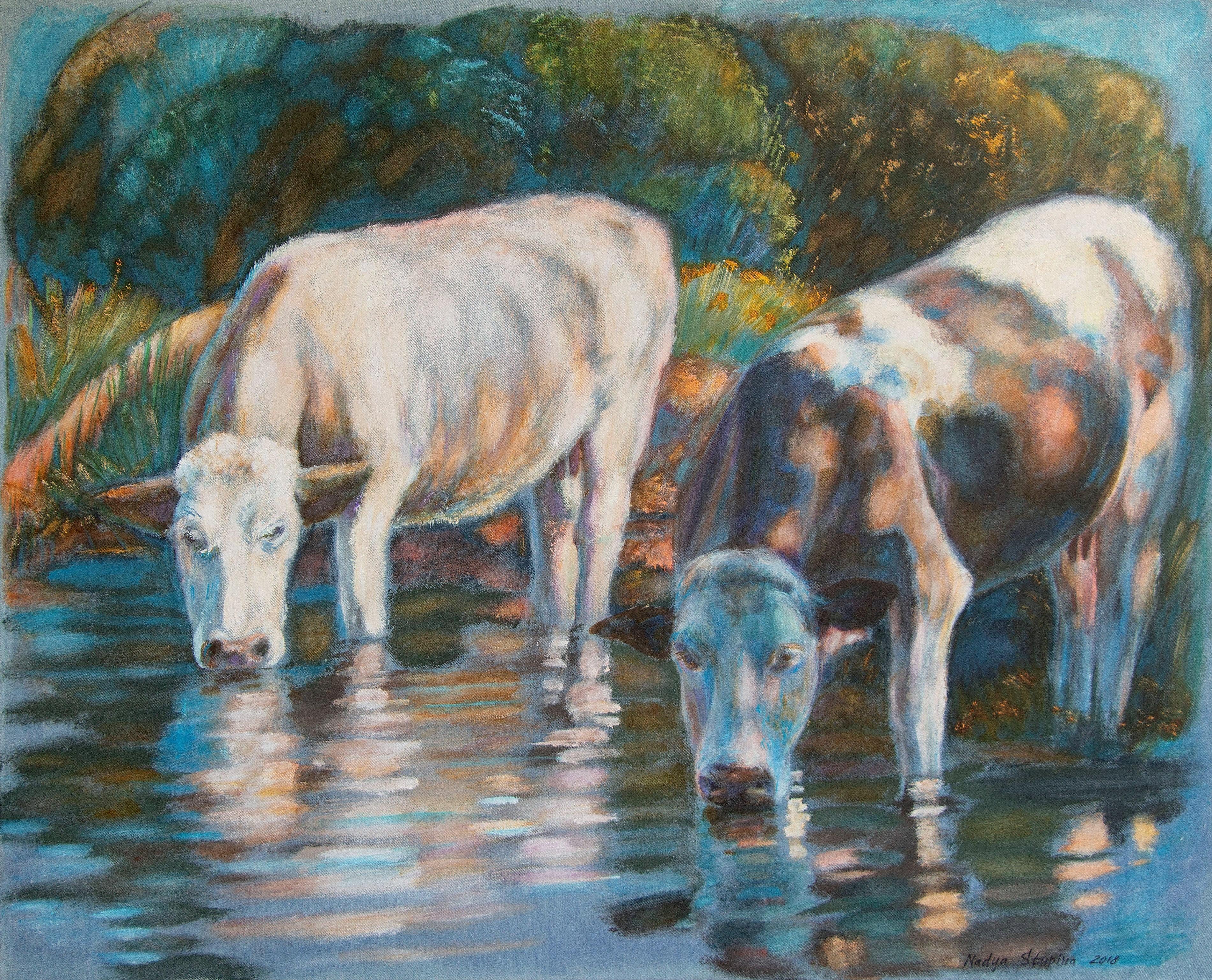 Nadezda Stupina Animal Painting – „Denim-Serie. Kühe“, Originales großes Tiergemälde. Acryl auf Denim