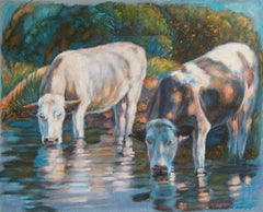 "Denim series.Cows" Original large animal painting. Acrylic on denim