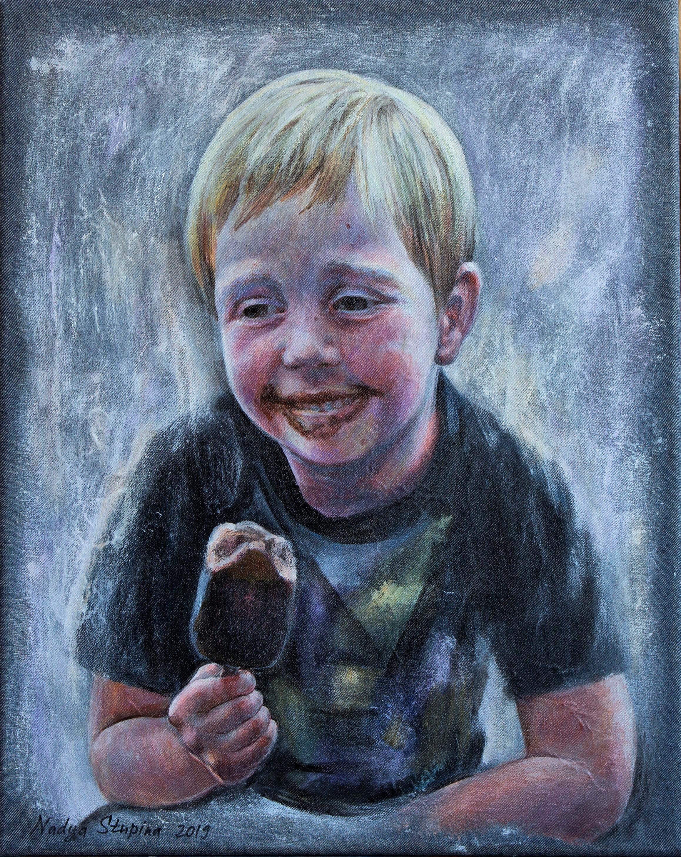 Nadezda Stupina Portrait Painting - Denim series.From the life of Bastian .Ice cream.