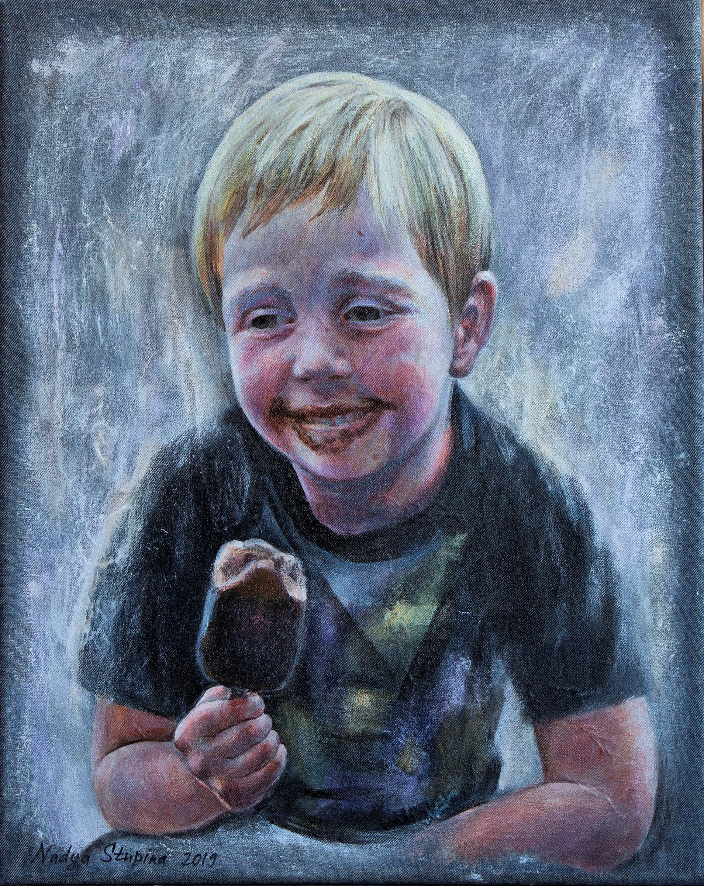 Nadezda Stupina Portrait Painting - "Denim series.From the life of Bastian .Ice cream." Original portrait painting.