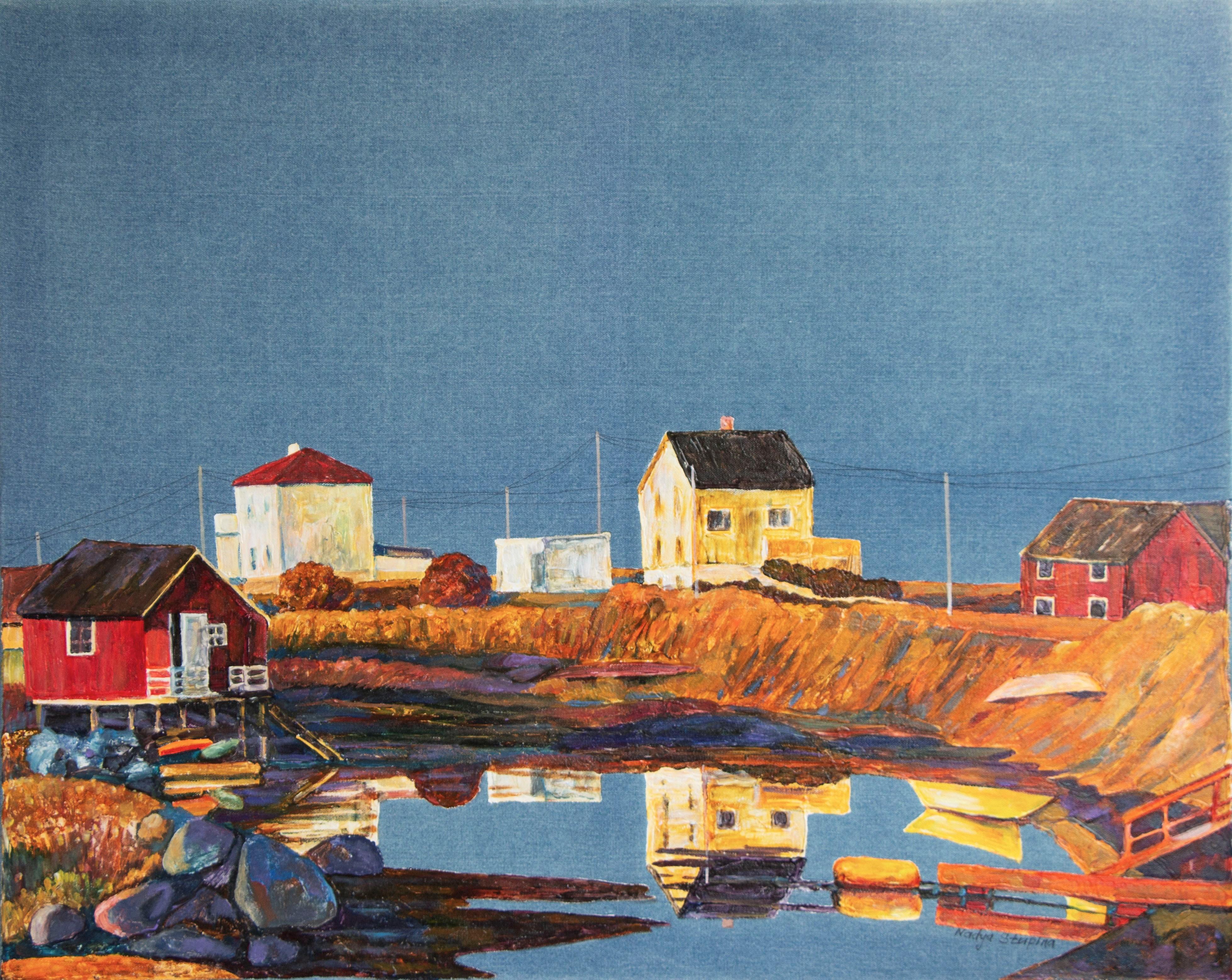 Landscape Painting de Nadezda Stupina - "Serie Denim.Reflejos dorados" Paisaje horizontal de gran tamaño . Decorativo .