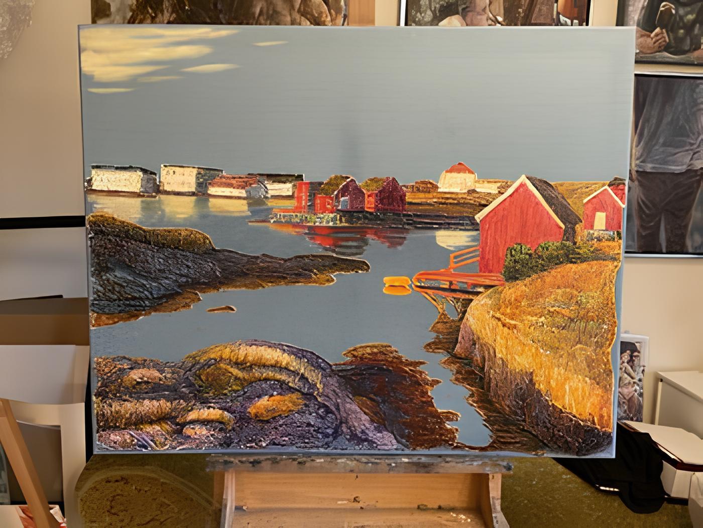 « série Denim. Sun in the fishing village » Paysage décoratif original - Painting de Nadezda Stupina