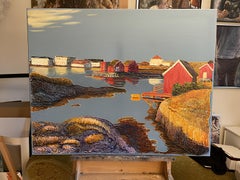 "Denim series.Sun in the fishing village." Original decorative landscape