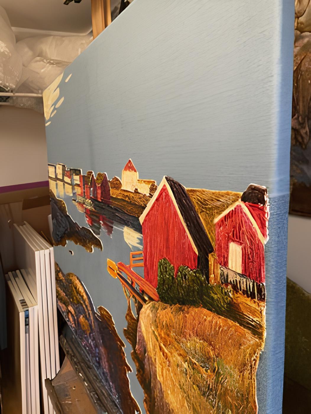 « série Denim. Sun in the fishing village » Paysage décoratif original - Gris Landscape Painting par Nadezda Stupina