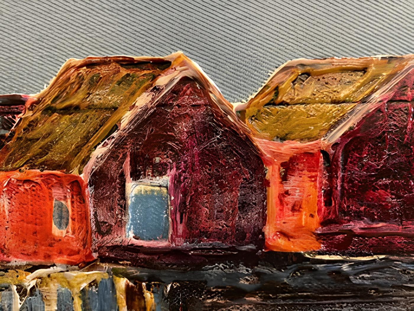« série Denim. Sun in the fishing village » Paysage décoratif original en vente 1
