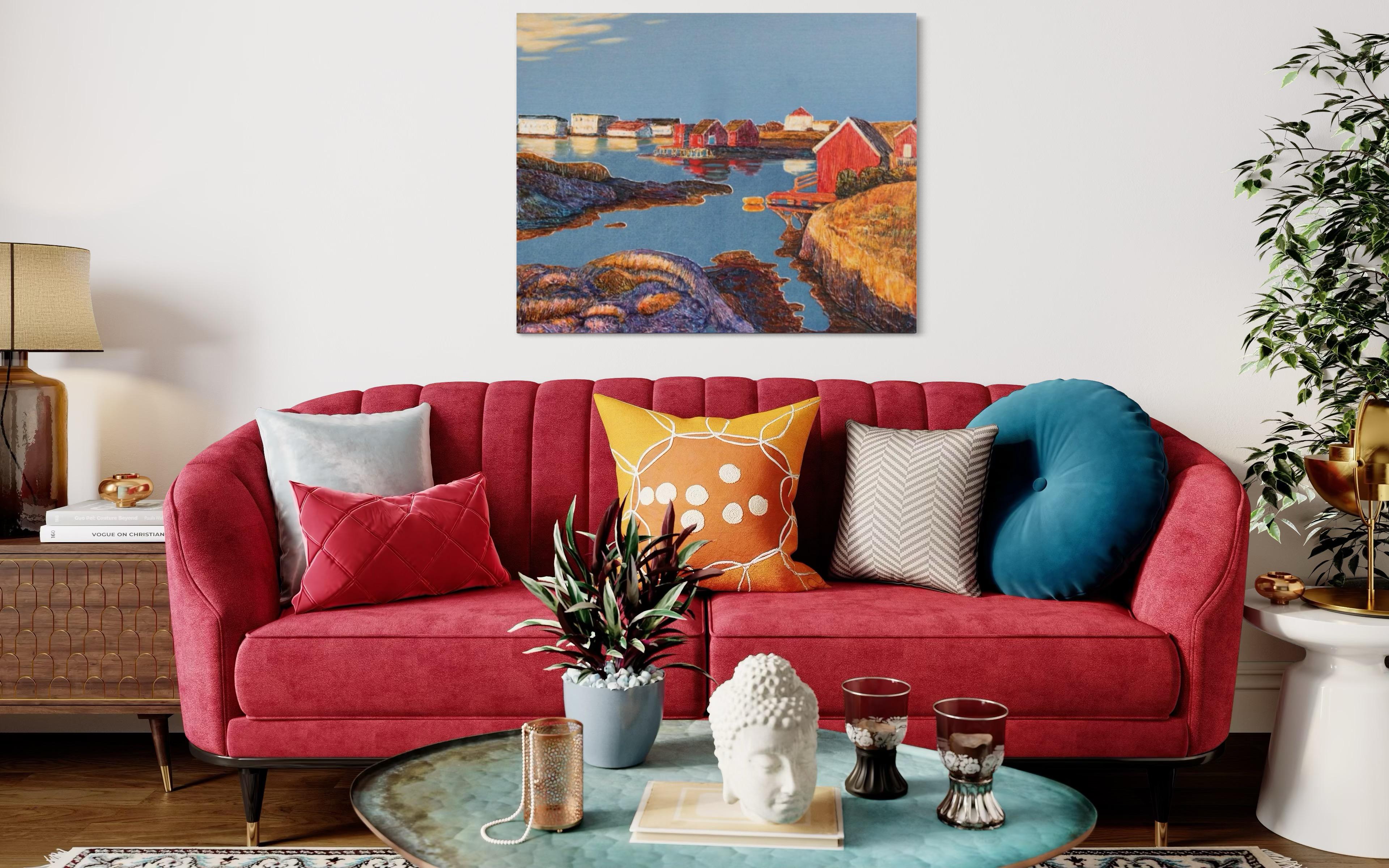 « série Denim. Sun in the fishing village » Paysage décoratif original en vente 2