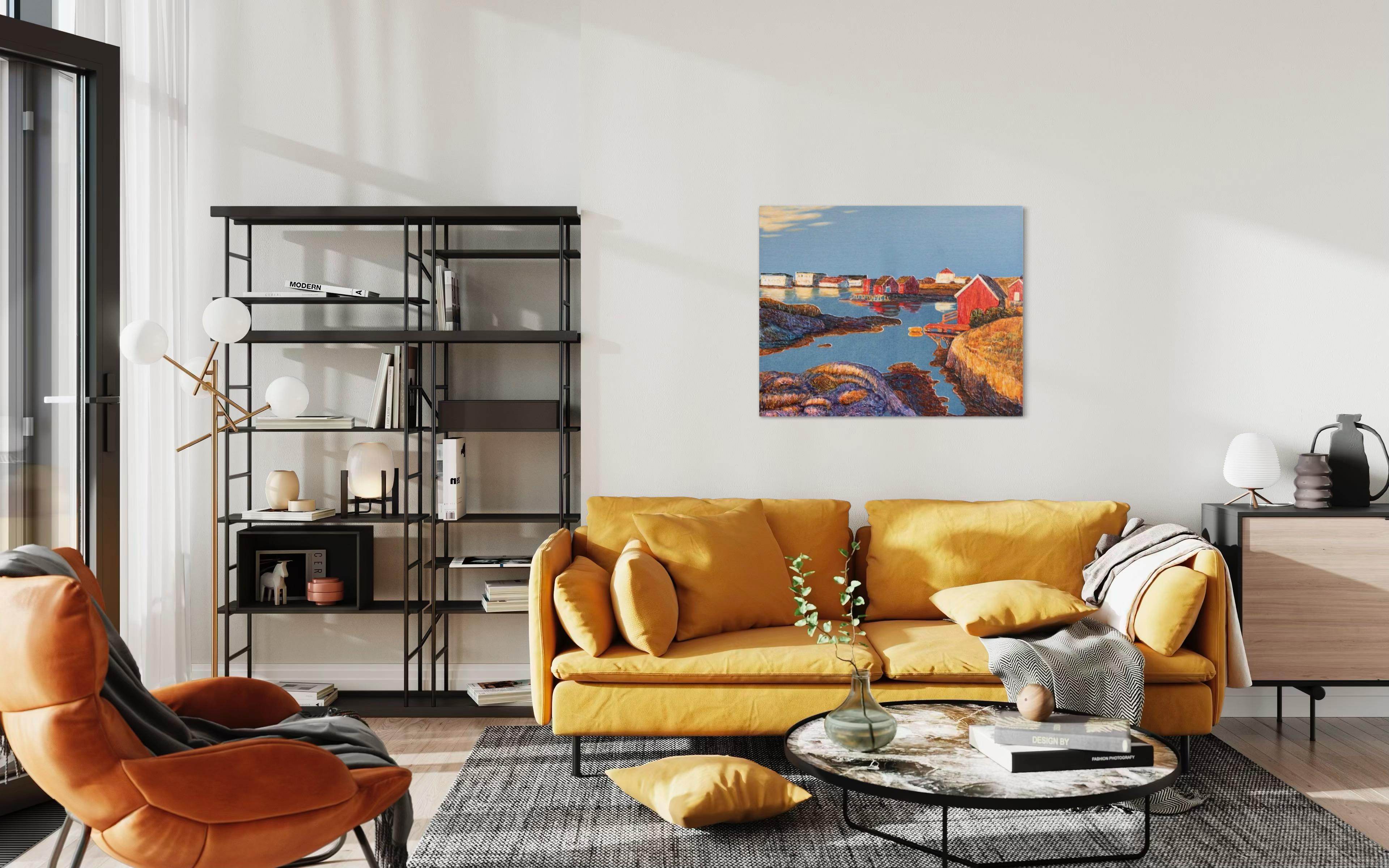 « série Denim. Sun in the fishing village » Paysage décoratif original en vente 3