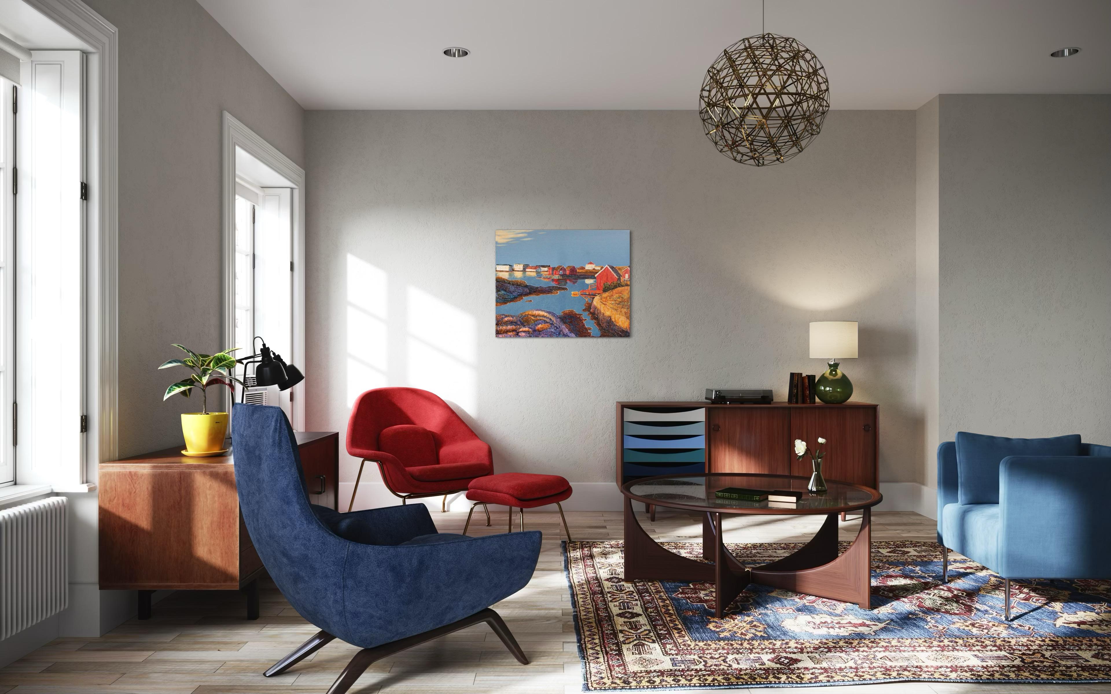 « série Denim. Sun in the fishing village » Paysage décoratif original en vente 4