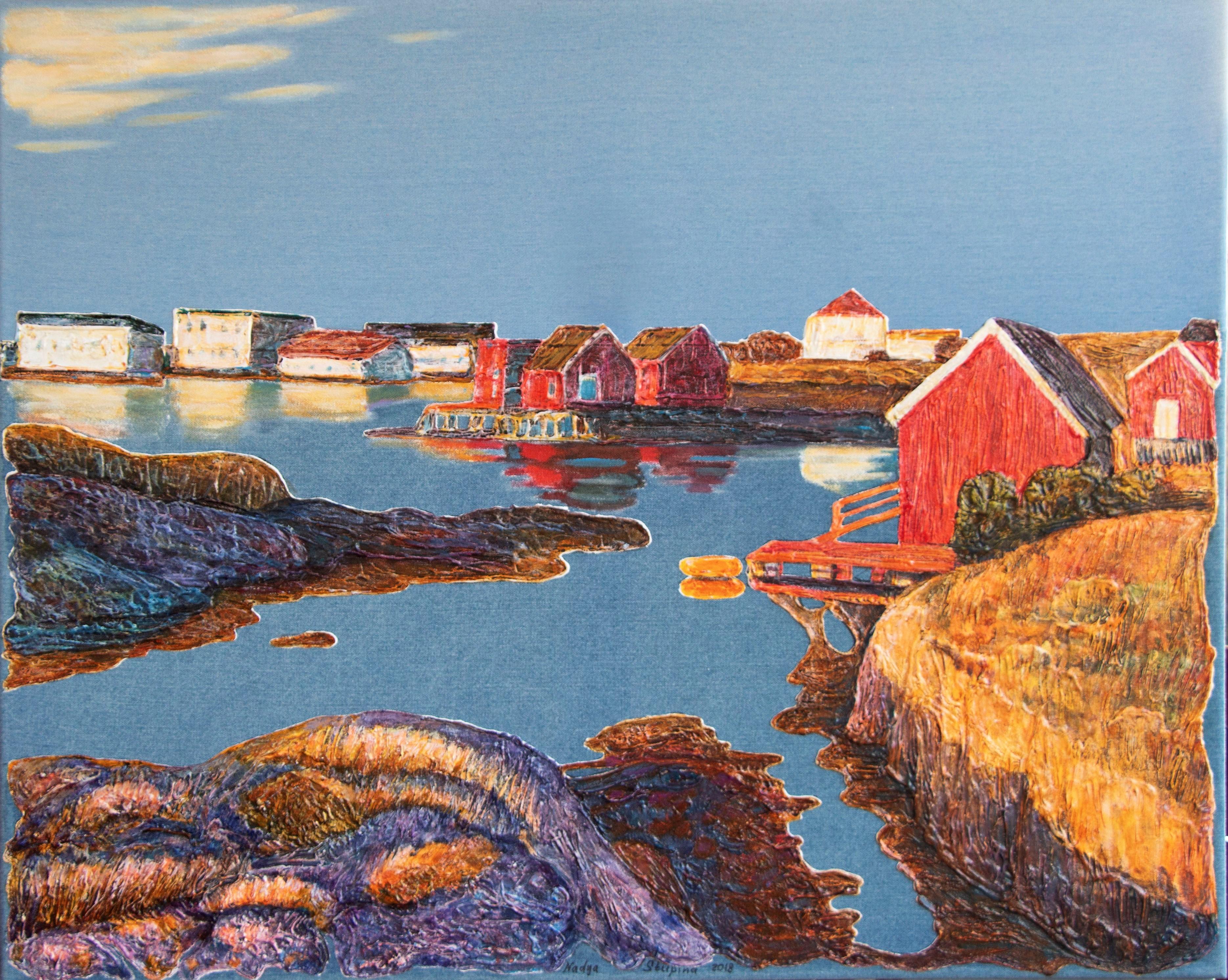 Landscape Painting Nadezda Stupina - « série Denim. Sun in the fishing village » Paysage décoratif original