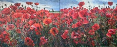 Diptych “Poppy field” Original floral painting X-large . Horizontal . Red