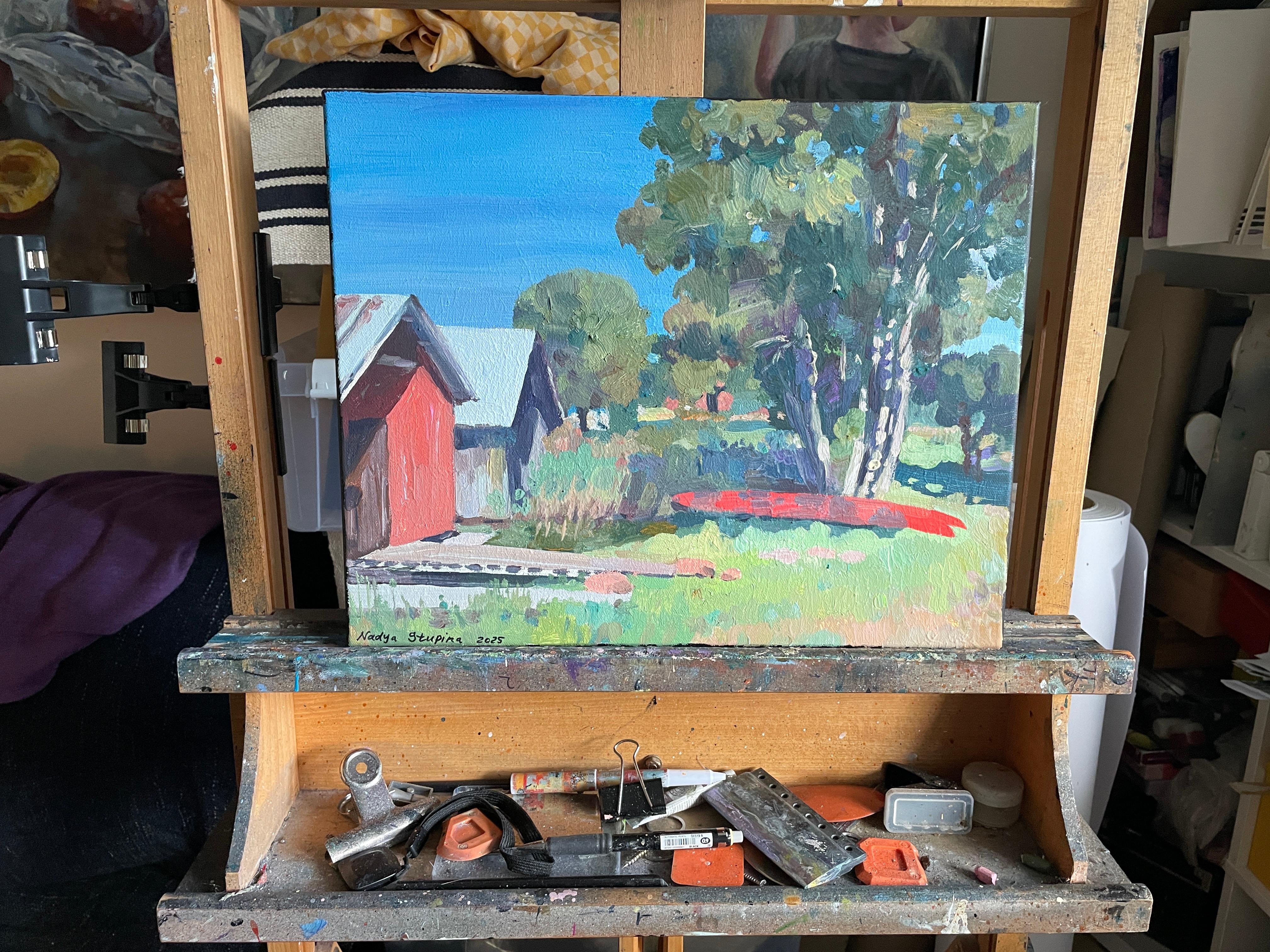 ”Eckerö. Red boat” Original impressionistic landscape. Gift. Home decor - Blue Landscape Painting by Nadezda Stupina