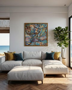 Peinture à l'huile abstraite carrée de grande dimension "Energy meeting".