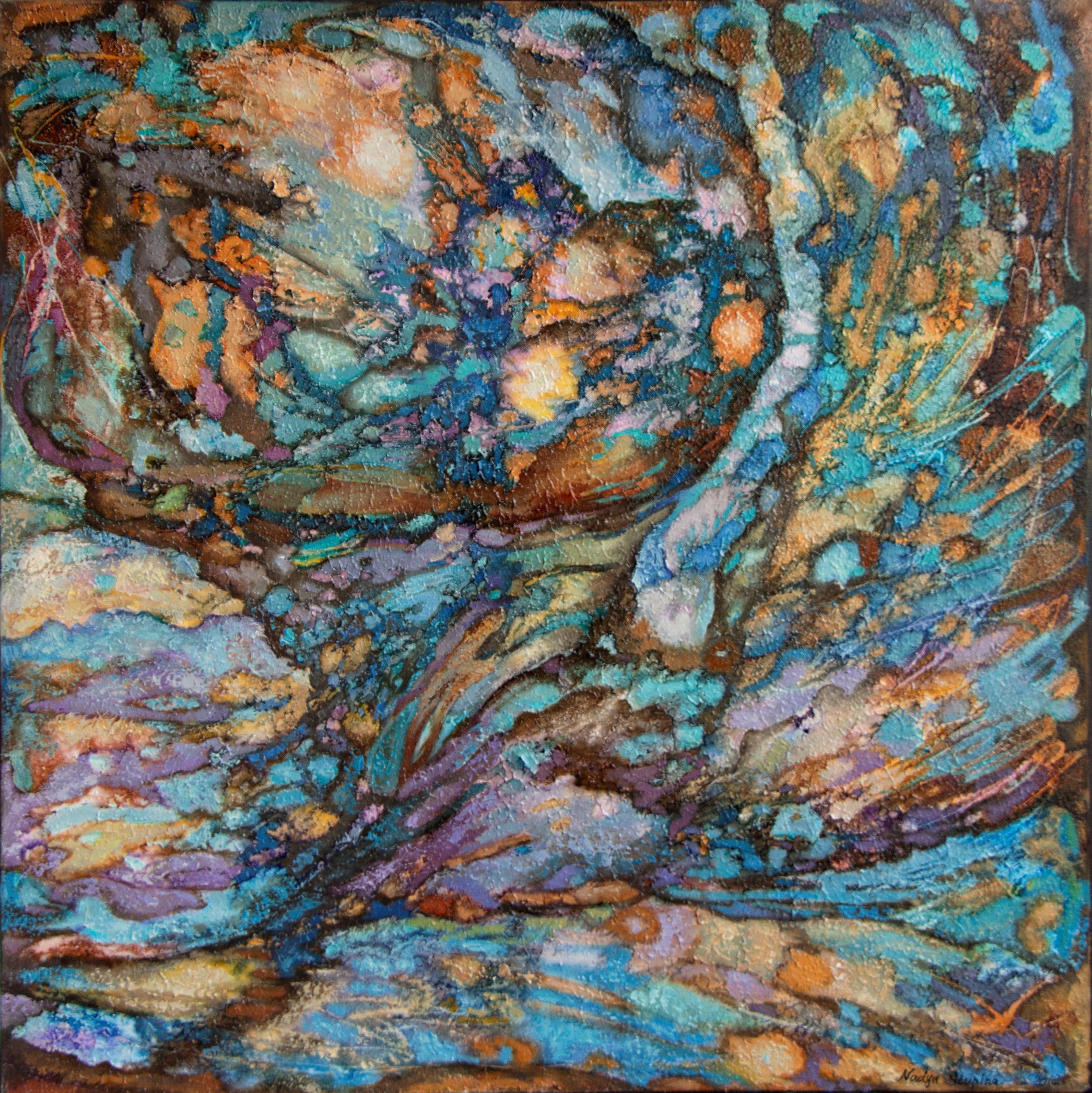 Abstract Painting de Nadezda Stupina - "Reunión energética" Cuadro abstracto cuadrado al óleo de gran tamaño sobre lienzo . Dinámica . Dinami