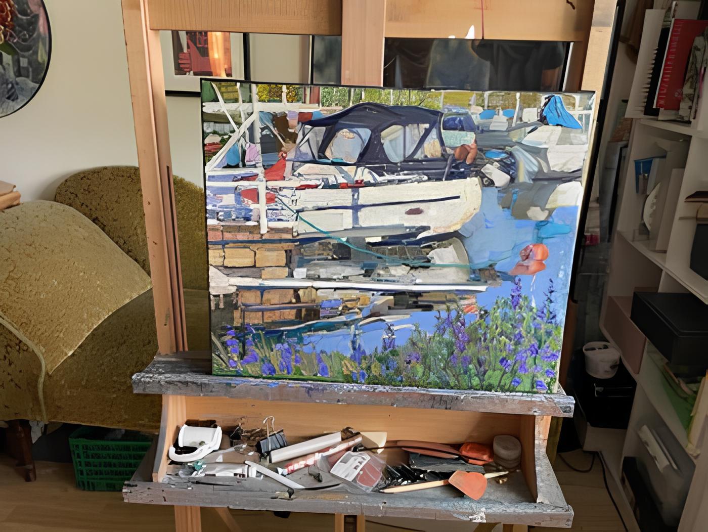 n crafting this piece, I embraced the raw beauty of the marina at dusk; its serene chaos, the dance of colors, and the balance of man-made vessels with nature's wild strokes. Effortlessly, my brushstrokes captured the reflections on water, tender