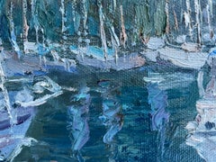 «Evening harbour» Original impressionistic seascape. Horizontal oil painting