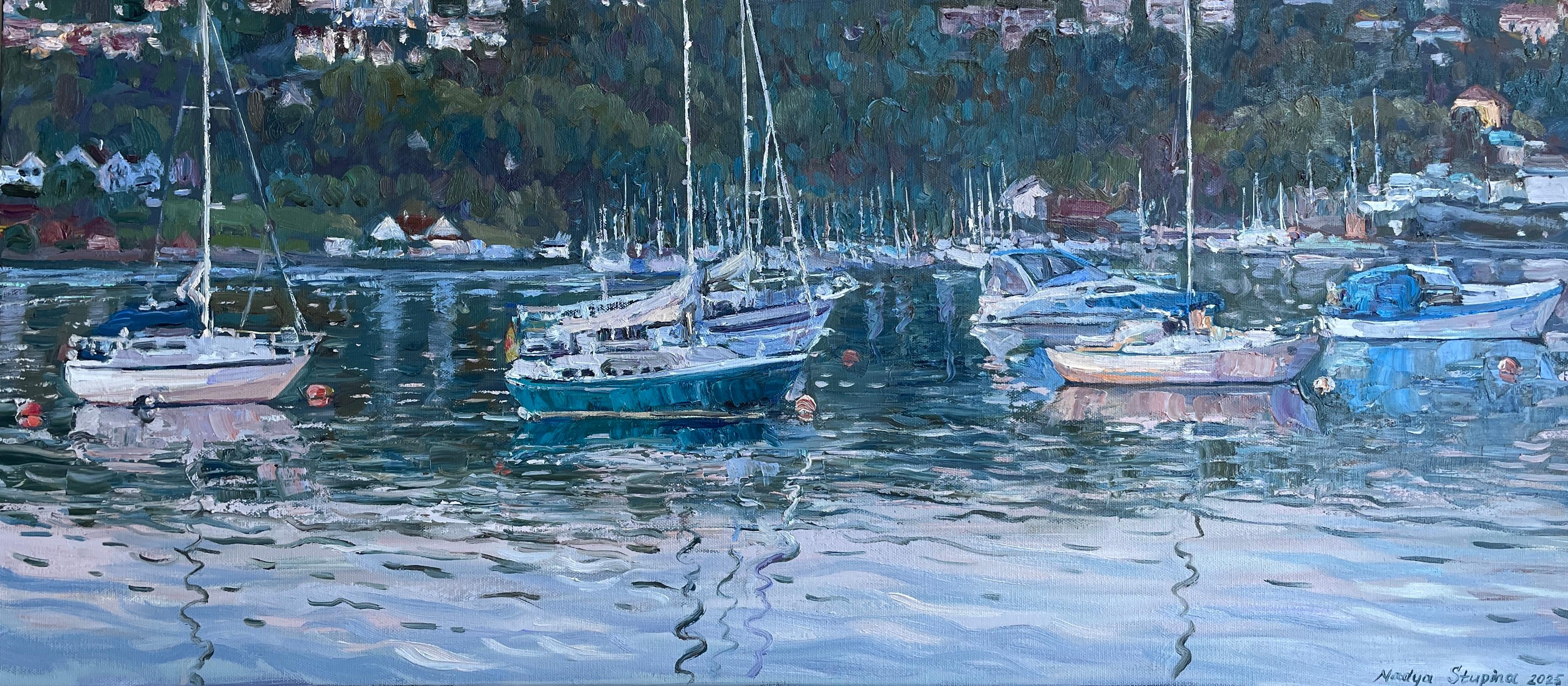 Landscape Painting de Nadezda Stupina - "Puerto vespertino" Original paisaje marino impresionista. Pintura al óleo horizontal