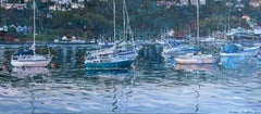 «Evening harbour» Original impressionistic seascape. Horizontal oil painting