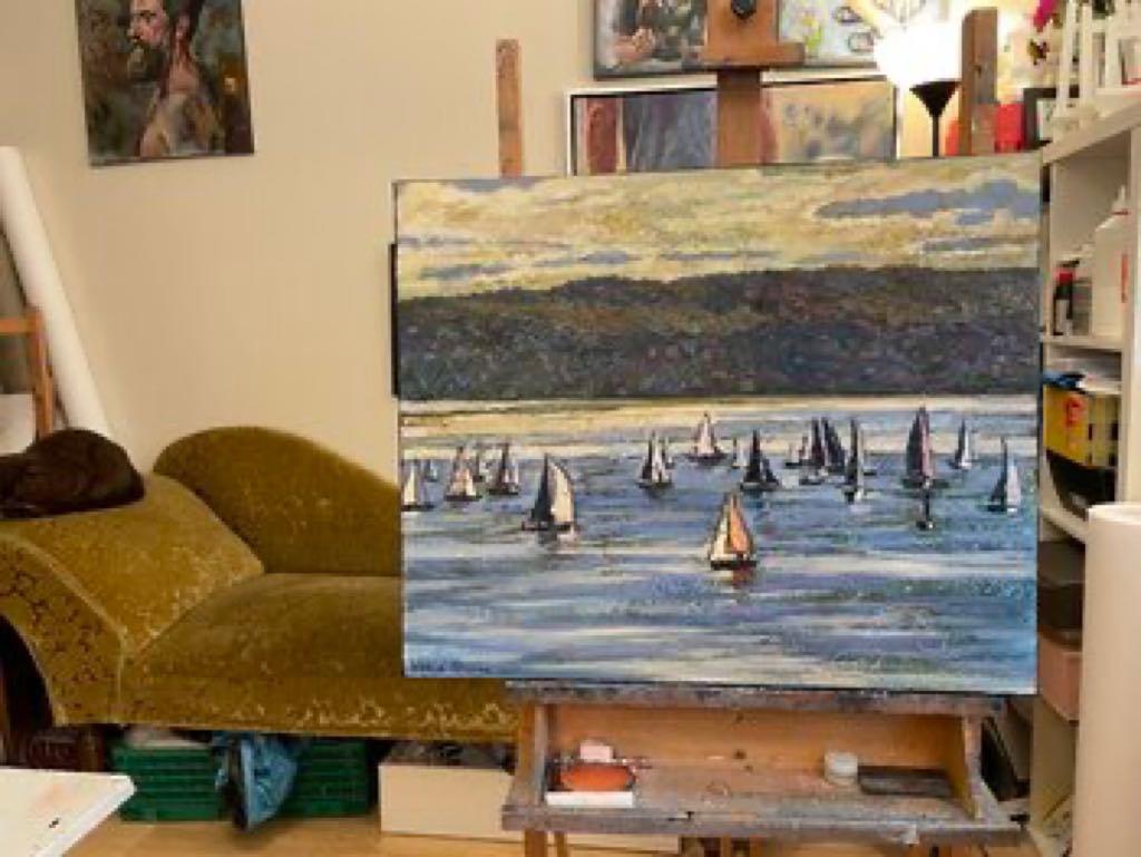 I've captured the delicate dance of light on water, with oils that carry the dynamism of a spirited regatta. My brushstrokes evoke the vivacity of the scene, marrying the tranquil blues of the fjord with the excitement of sailing vessels. This piece