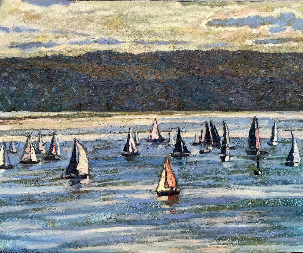 Nadezda Stupina Landscape Painting - "Evening regatta on the Oslofjord". Horizontal impressionistic oil painting.