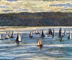 "Regata nocturna en el Oslofjord". Pintura al óleo impresionista horizontal.