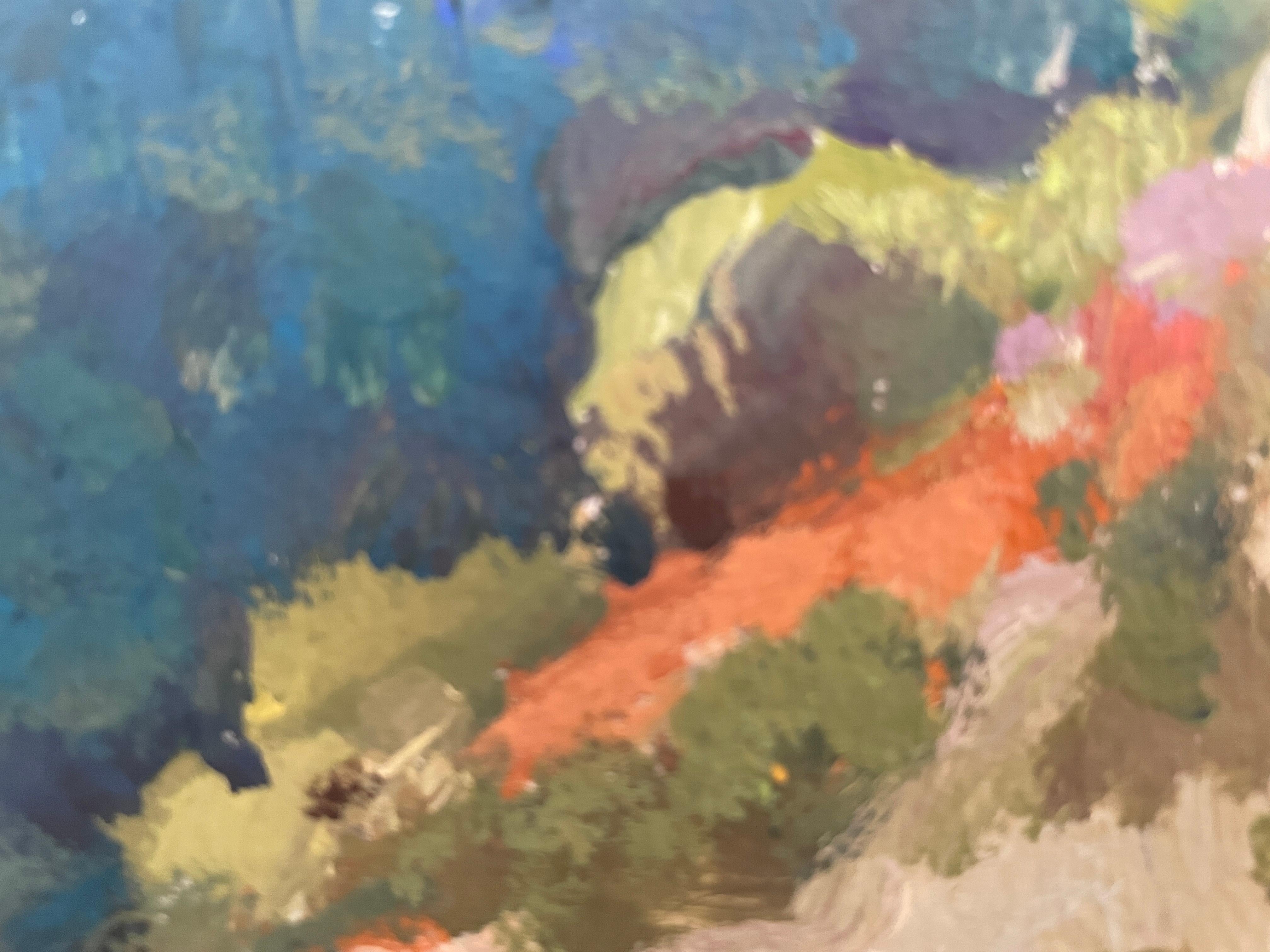 Dieses Kunstwerk ist ein meisterhaftes Landschaftsgemälde, das die majestätische Grandeur einer Gebirgsregion einfängt. Die markanten Gipfel dominieren die Komposition, ihre zerklüfteten Umrisse stehen im Kontrast zu einem klaren, ruhigen Himmel.