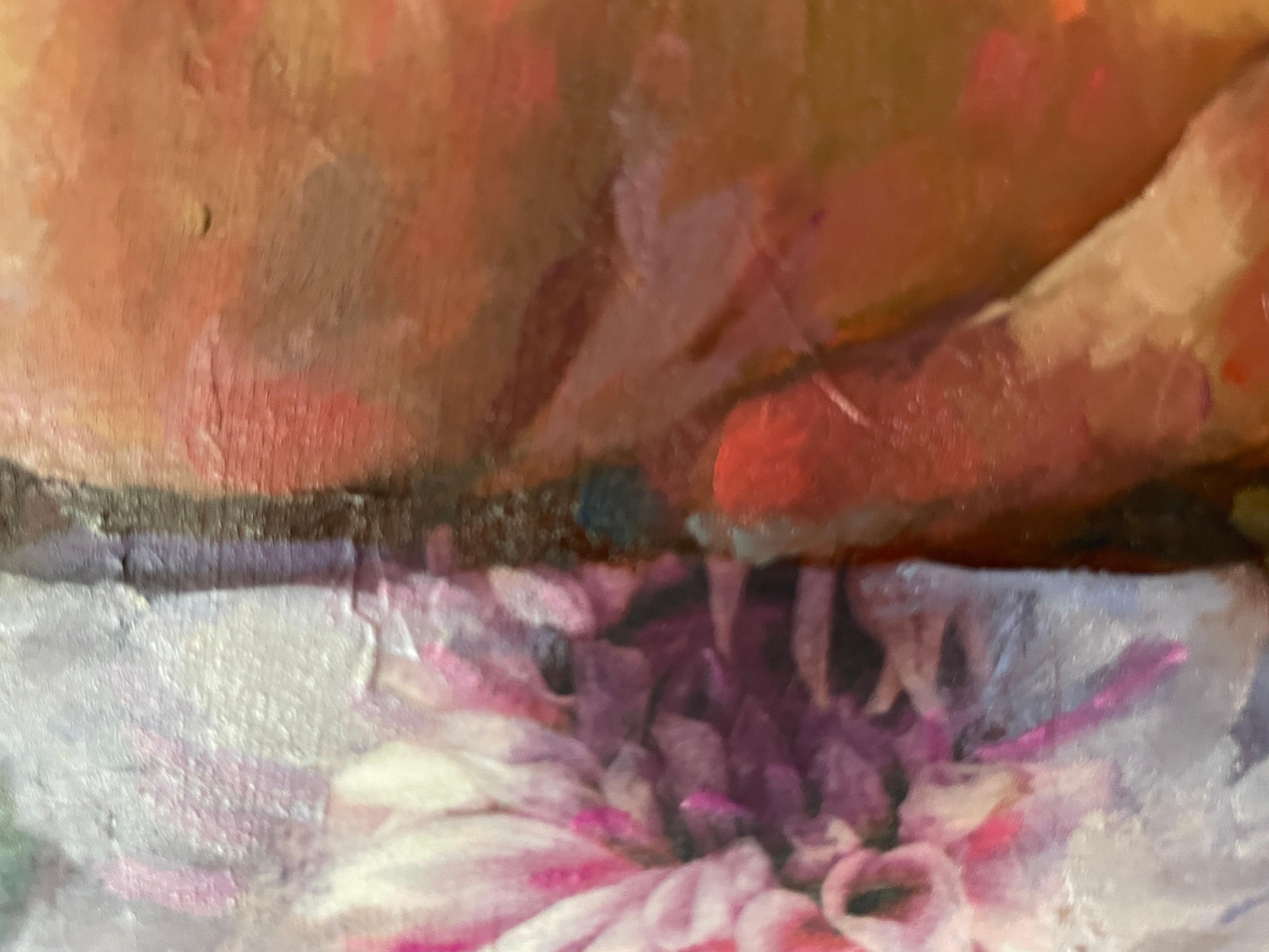 This striking artwork presents a mesmerizing confluence of human form and nature, featuring a nude figure set against a vibrant explosion of flowers. The subject, with flowing dark hair cascading down her back, is positioned gracefully among the