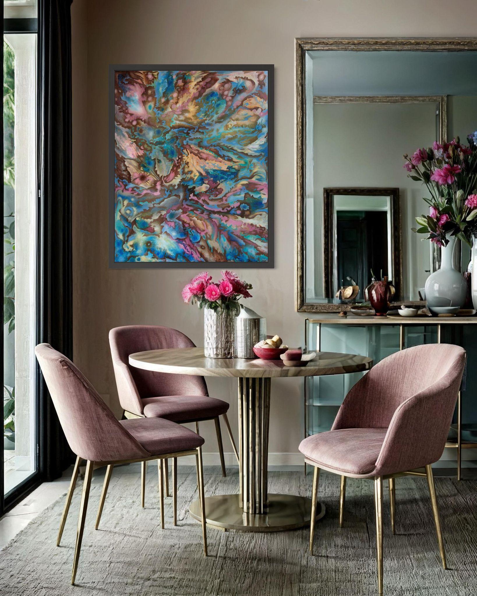 In creating this piece, I delved into the interplay of acrylic, oil, and ink to sculpt depth and movement. The swirling colors and patterns evoke an otherworldly seascape, rich with mysterious energy. It's a representation of emotional liberation,