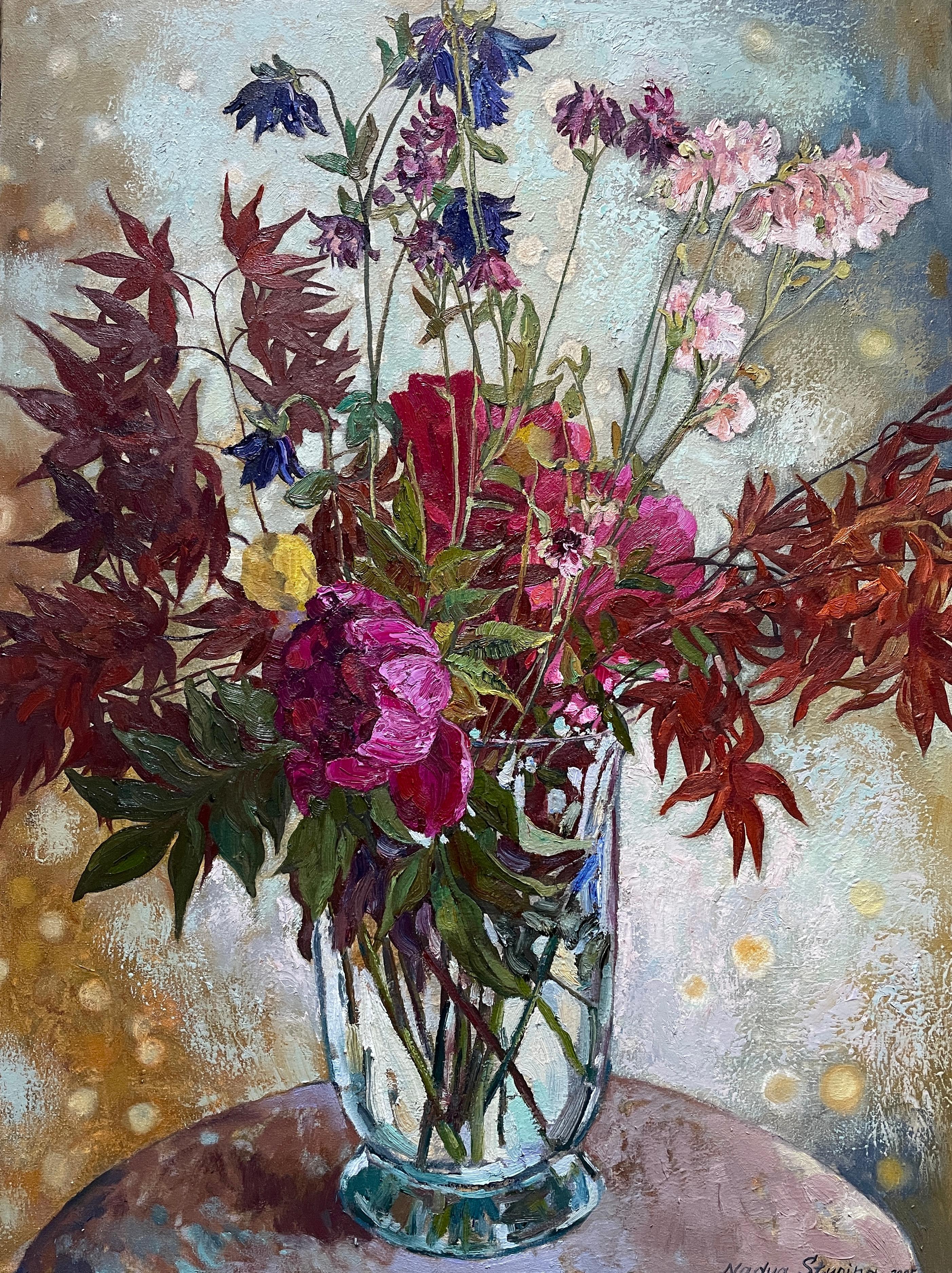 Floral Painting 'Bouquet with Japanese Maple', Oil on Canvas, 80x60 cm