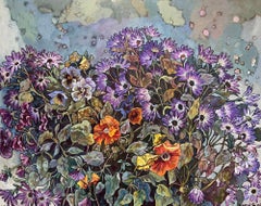 "Flower jazz" composition florale originale. Grande peinture à l'huile. Décoration intérieure