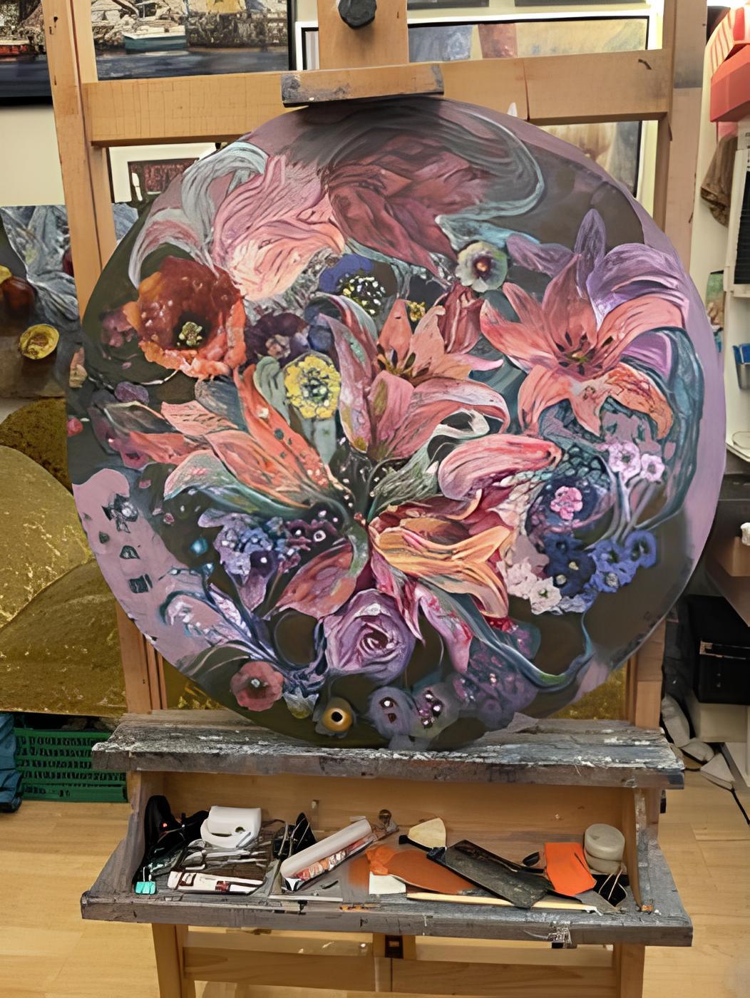 In this oil painting, I've captured a vibrant burst of life through a dance of flowers, each brushstroke brimming with passion. Infused with the elegance of fine art, it's a symphony of colors that evokes the joyous rhythm of nature's own