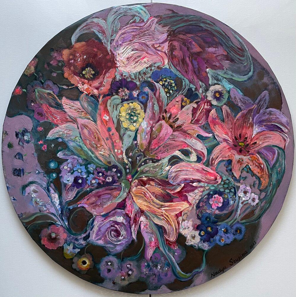 Nadezda Stupina Still-Life Painting - "Flower round dance 3" Round canvas. Original floral oil painting . Wall decor