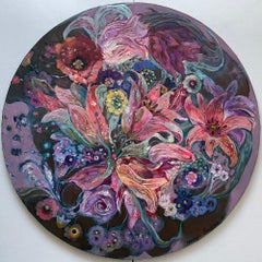 "Fiore rotondo danza 3" Tela rotonda. Pittura ad olio floreale originale. Decorazioni da parete