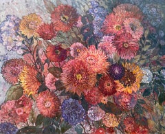 «Flower symphony» Large floral oil painting .Horizontal . Interior.