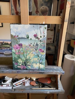 "Flowers  on the beach" Original floral painting. Small vertical home decor