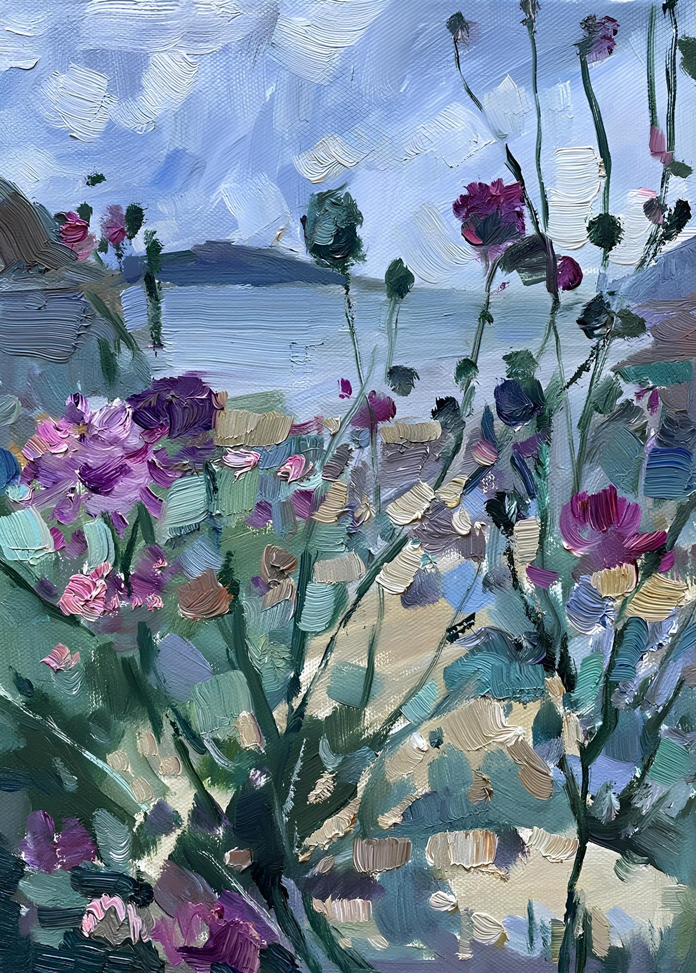 Nadezda Stupina Landscape Painting – "Blumen  on the beach" Original-Blumengemälde. Kleine vertikale Wohndekoration