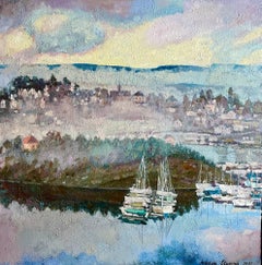 "Fog over Ormøya" Original  impressionistic landscape. Square , Impasto oil.