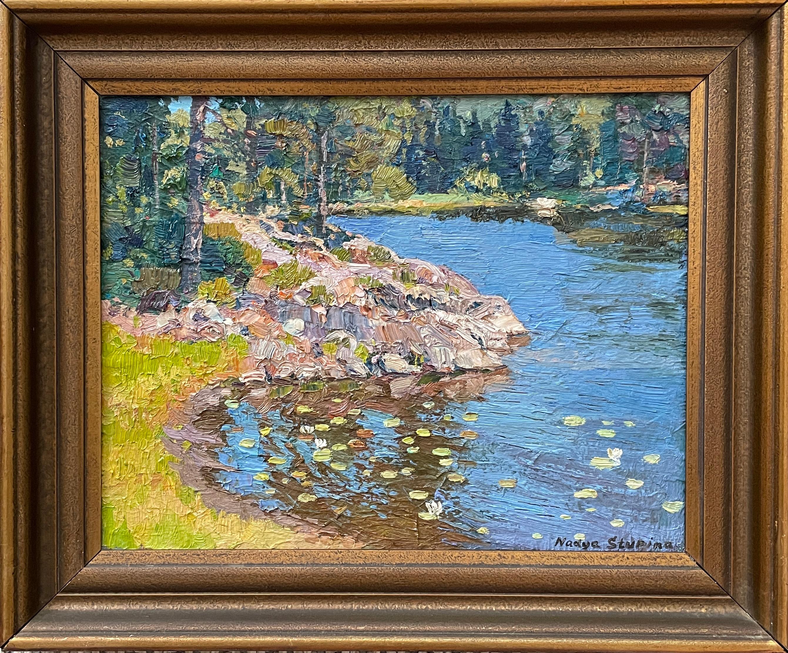 Nadezda Stupina Landscape Painting - Forest lake . Original landscape painting. Small size. Old frame. Impasto.