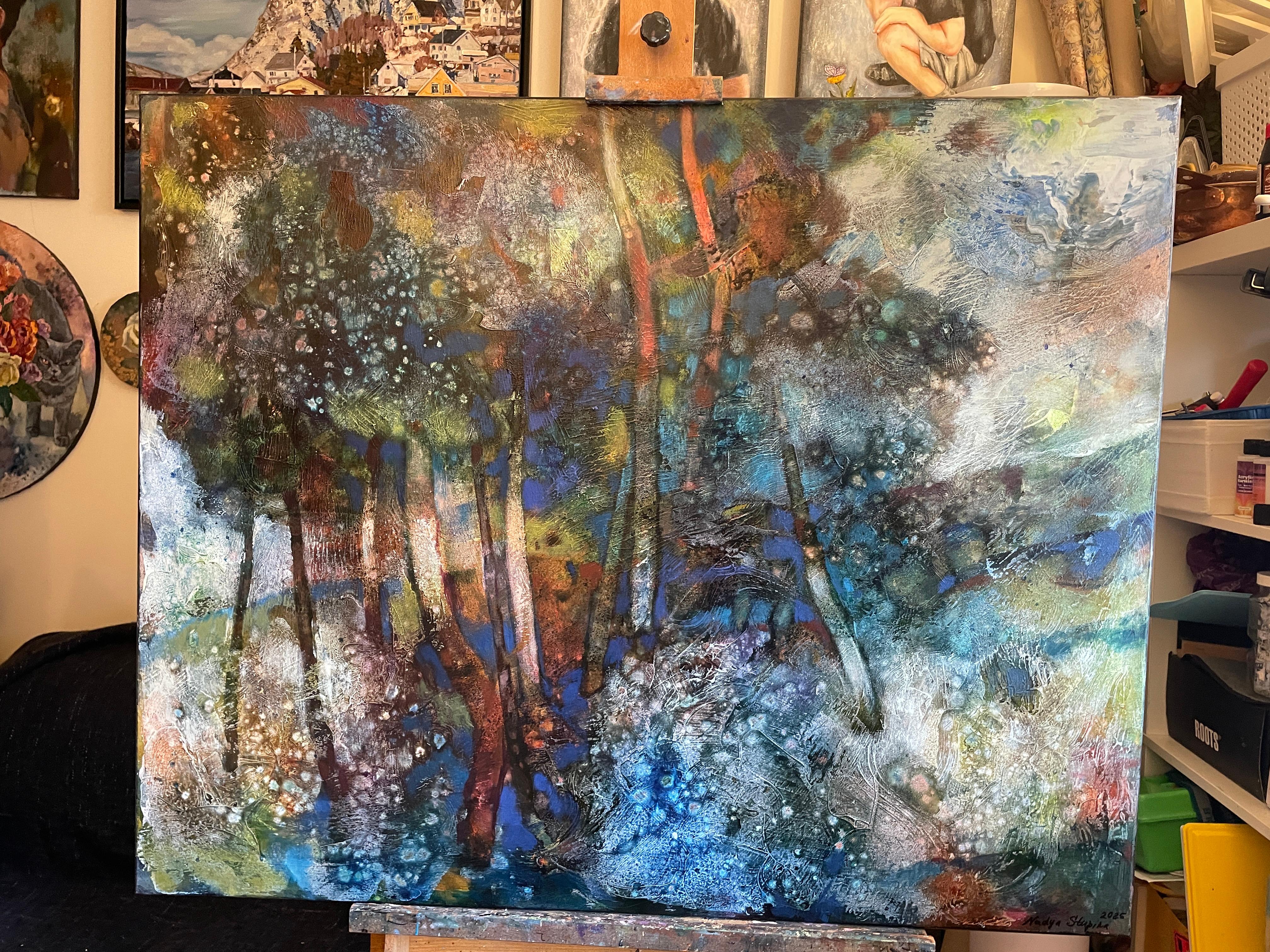 “Forest of mystical dreams “ Original semi-abstract landscape painting. Large For Sale 10