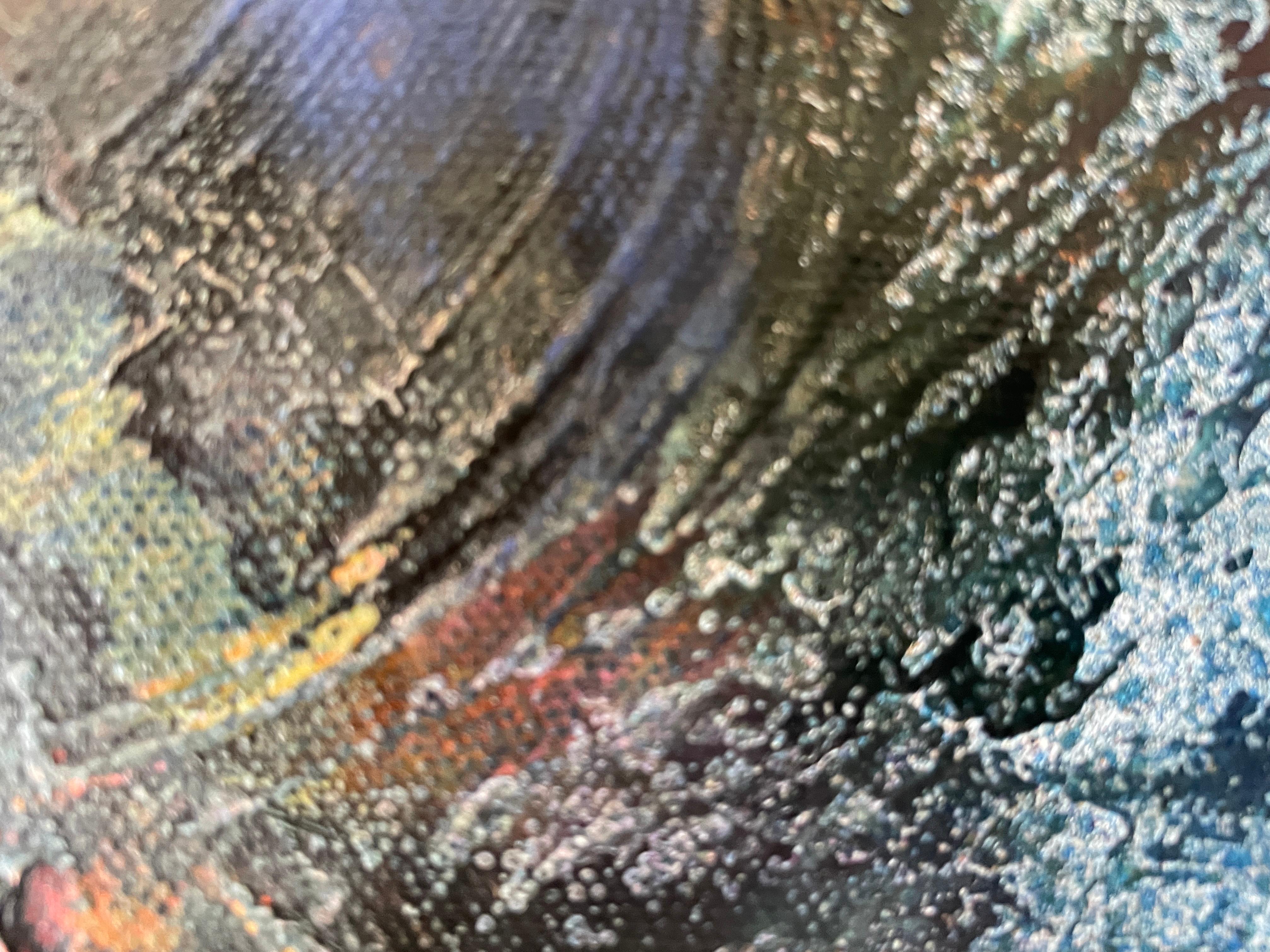This vibrant artwork captures an abstract woodland scene, blending realistic elements with imaginative flair. Bold, intertwining tree trunks command attention, their earthy tones contrasting vividly against the lush, textured background. The artist