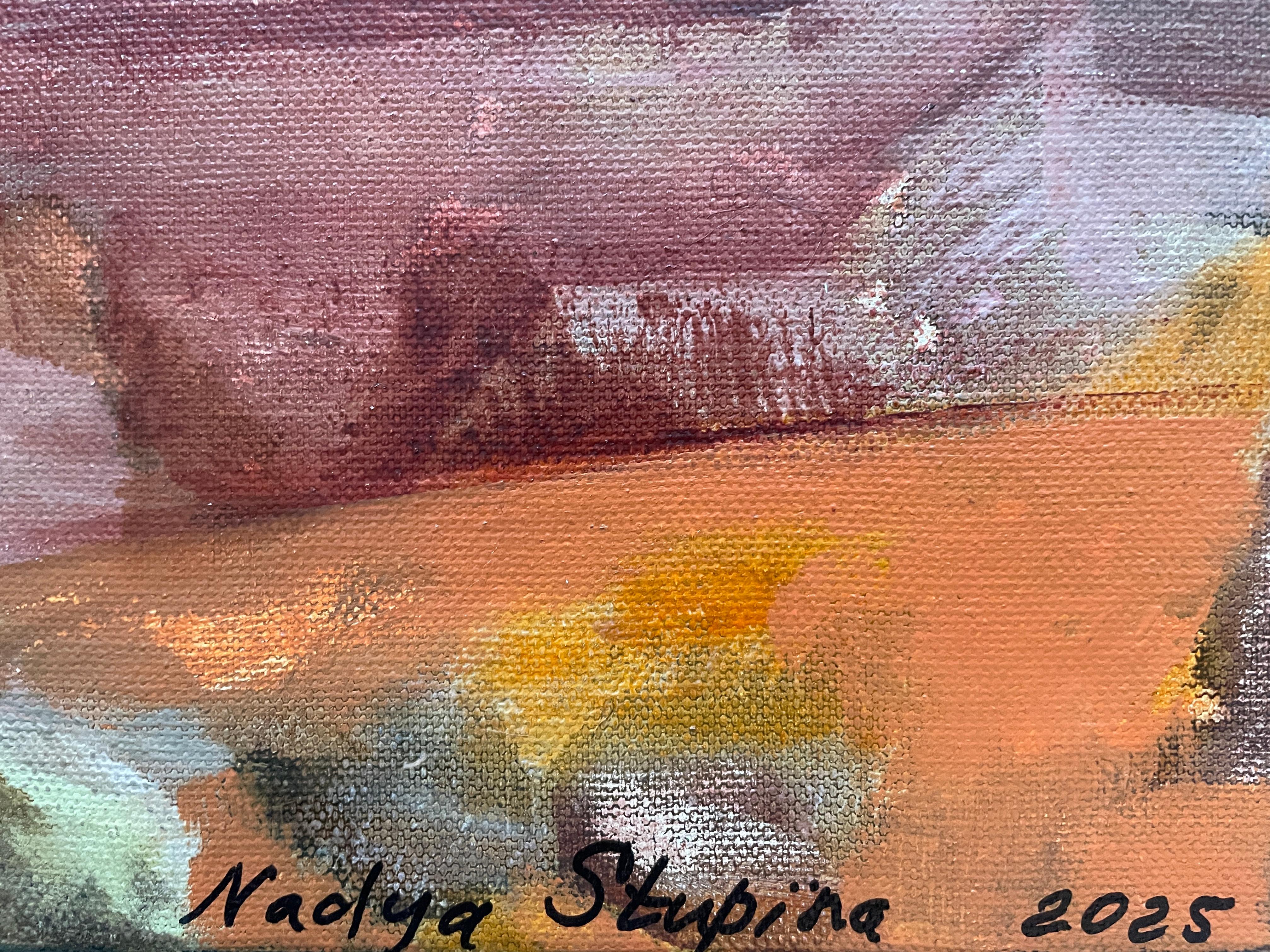 This abstract painting is a vibrant dance of color and form. Warm oranges and earthy tones take center stage, creating a sense of movement across the canvas.

Intersecting brushstrokes build layers of texture, inviting you to explore every inch.