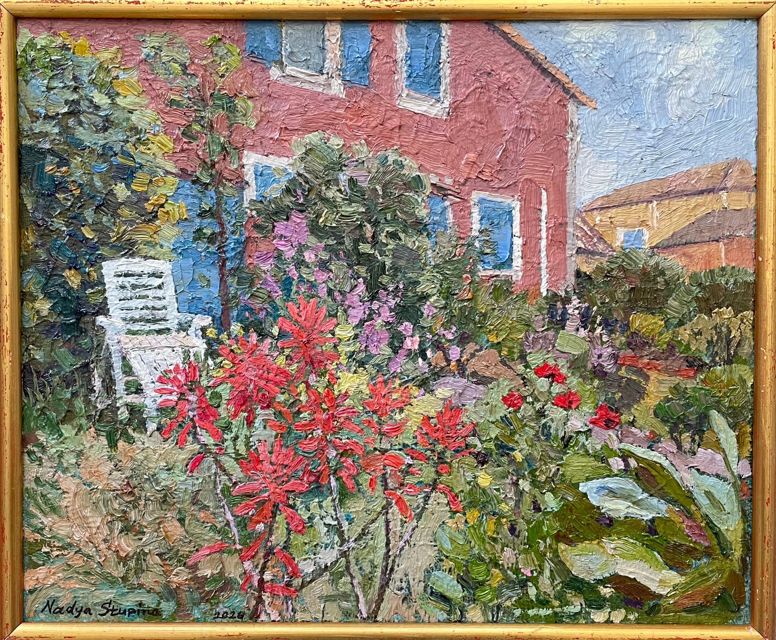 Garten mit einer weißen Sonnenliege. Original Landschaftsgemälde. Impasto. Rahmen