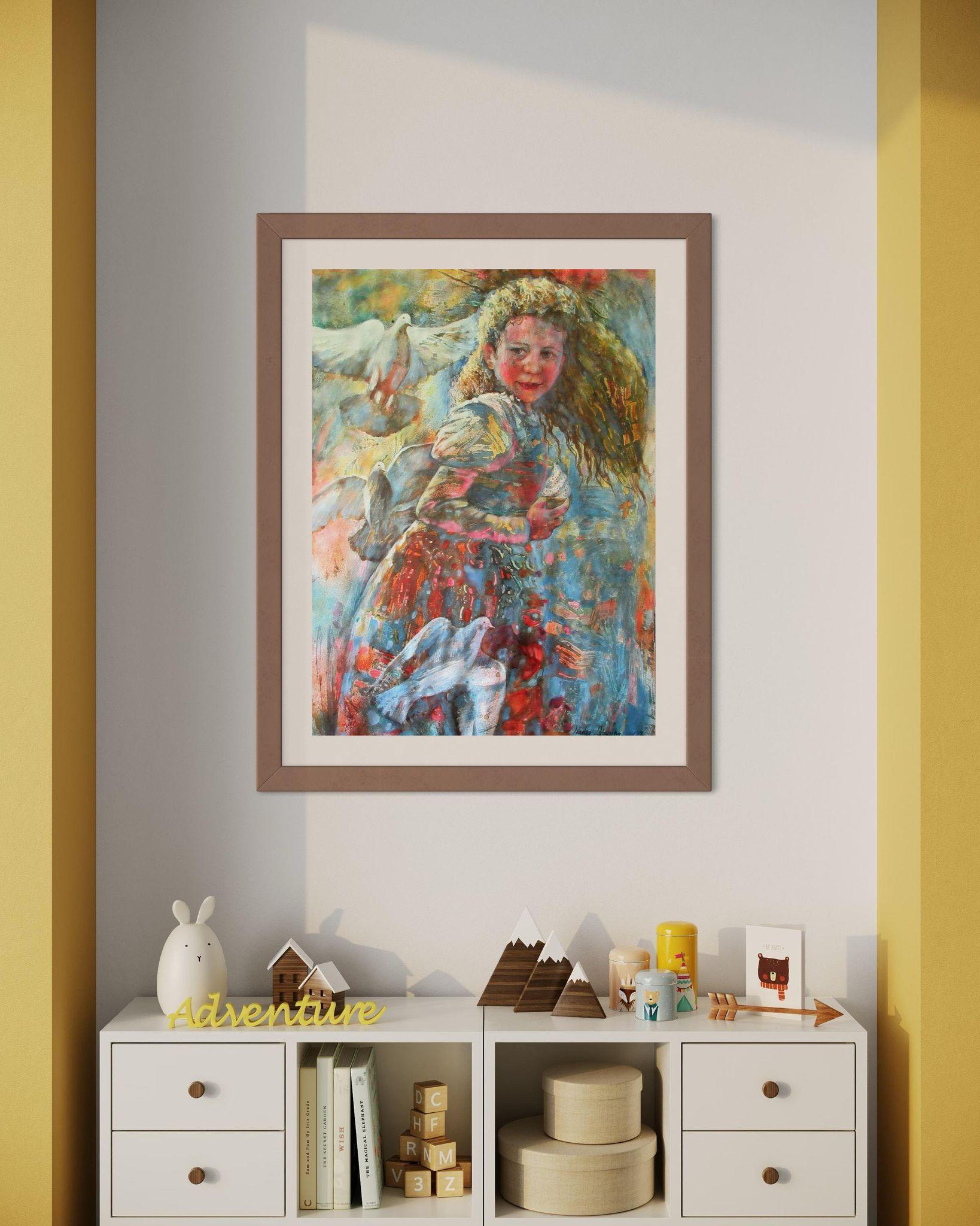Al elaborar esta obra de arte, entrelacé capas de acrílico, spray y tinta para capturar un momento de conexión pura y animosa entre la naturaleza y la humanidad. Los trazos vibrantes y el estilo impresionista evocan una dinámica sensación de alegría