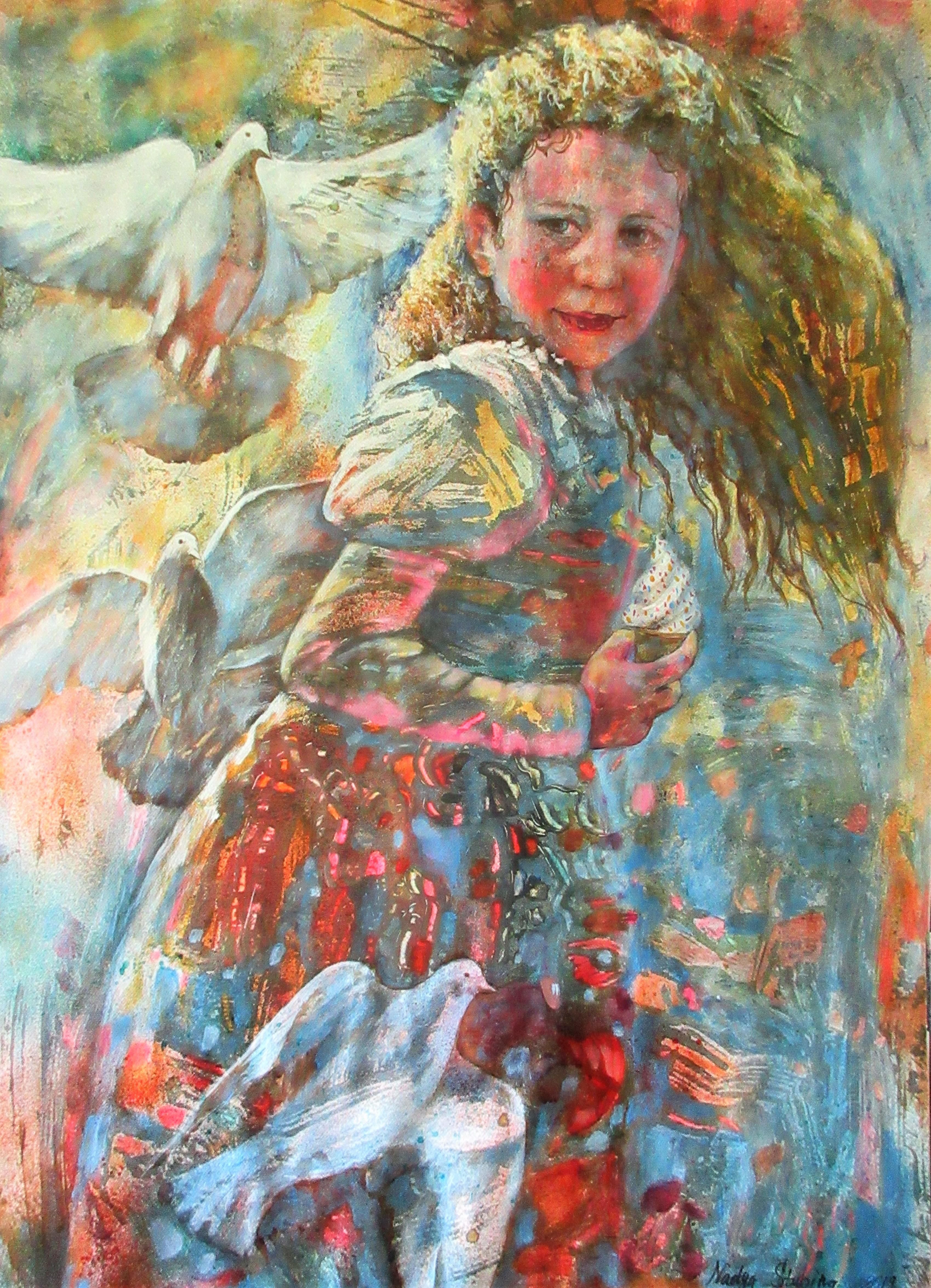 Figurative Painting de Nadezda Stupina - Niña y palomas
