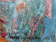 “Girl and doves” Original figurative painting. Large vertical on paper.