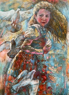 “Girl and doves” Original figurative painting. Large vertical on paper.
