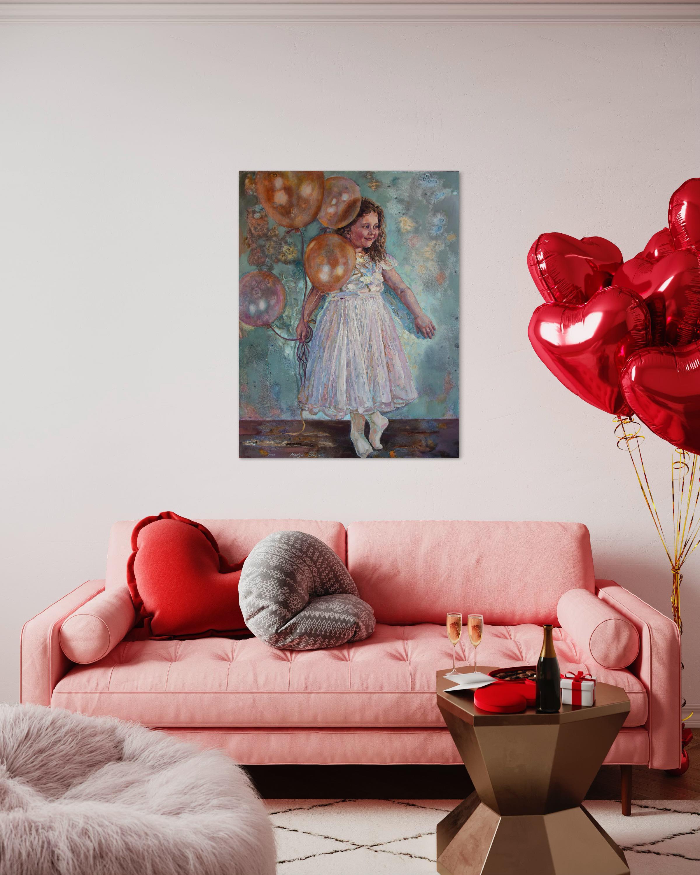 In creating this piece, I infused the canvas with the innocence and wonder of childhood. Through a dance of oil paint, I captured the playful lightness of a young spirit aloft with balloons. The textured strokes and warm palette evoke a timeless