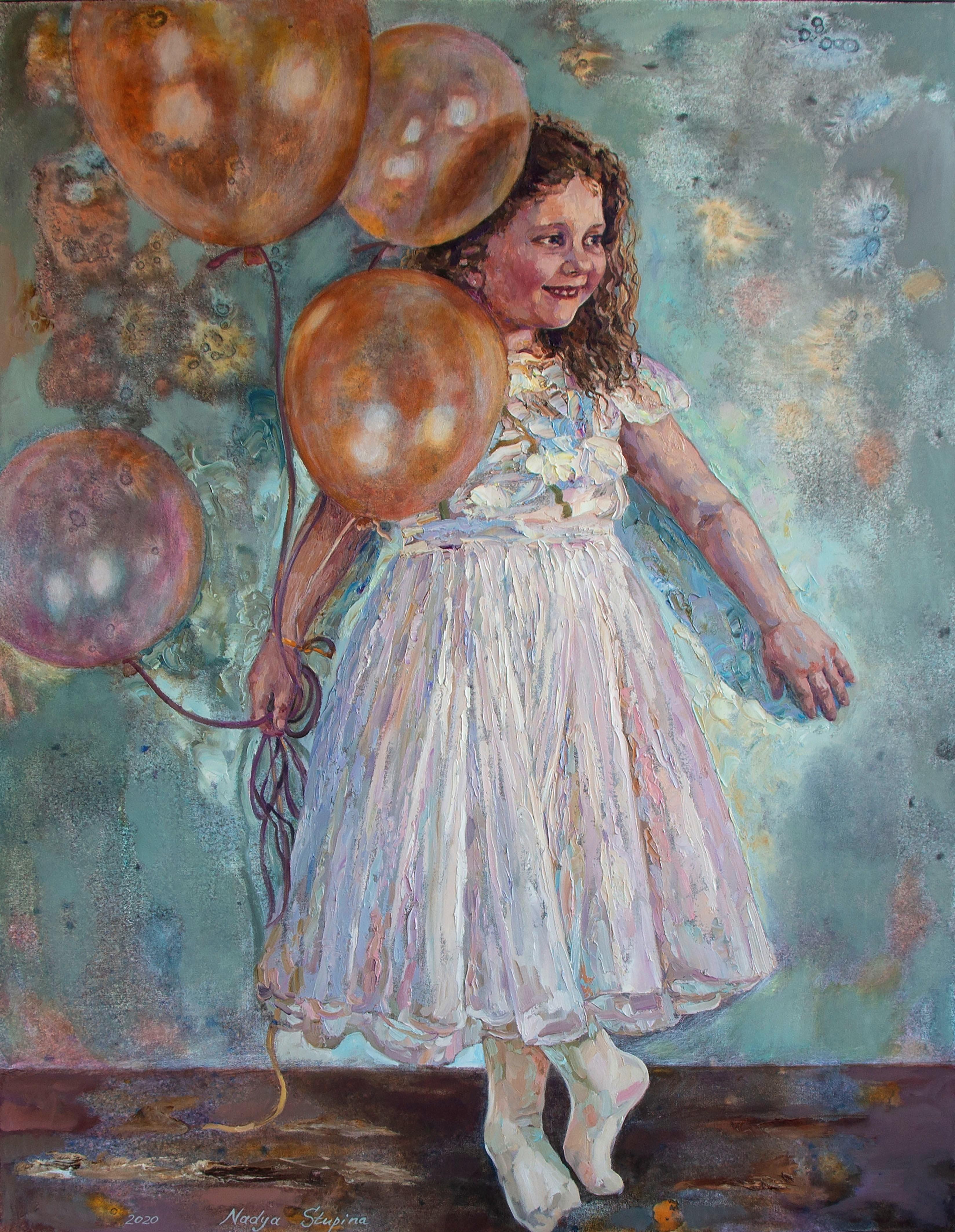 Portrait Painting di Nadezda Stupina - "Ragazza con palloncini" Quadro ad olio figurativo impressionista originale di grandi dimensioni.