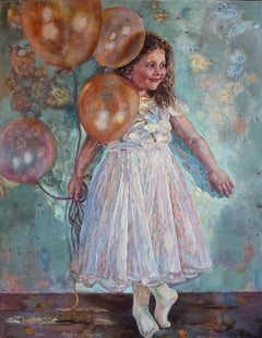"Niña con globos" Original óleo figurativo impresionista de gran tamaño.