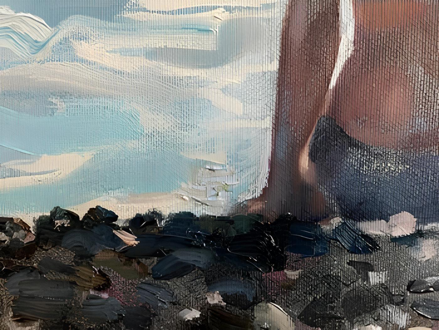 Nel creare questo pezzo, sono stata profondamente colpita dalla serena interazione tra l'umanità e il mare. Utilizzando colori a olio, ho attinto all'anima impressionista, catturando la fugace carezza della luce sull'acqua e la tranquillità di una