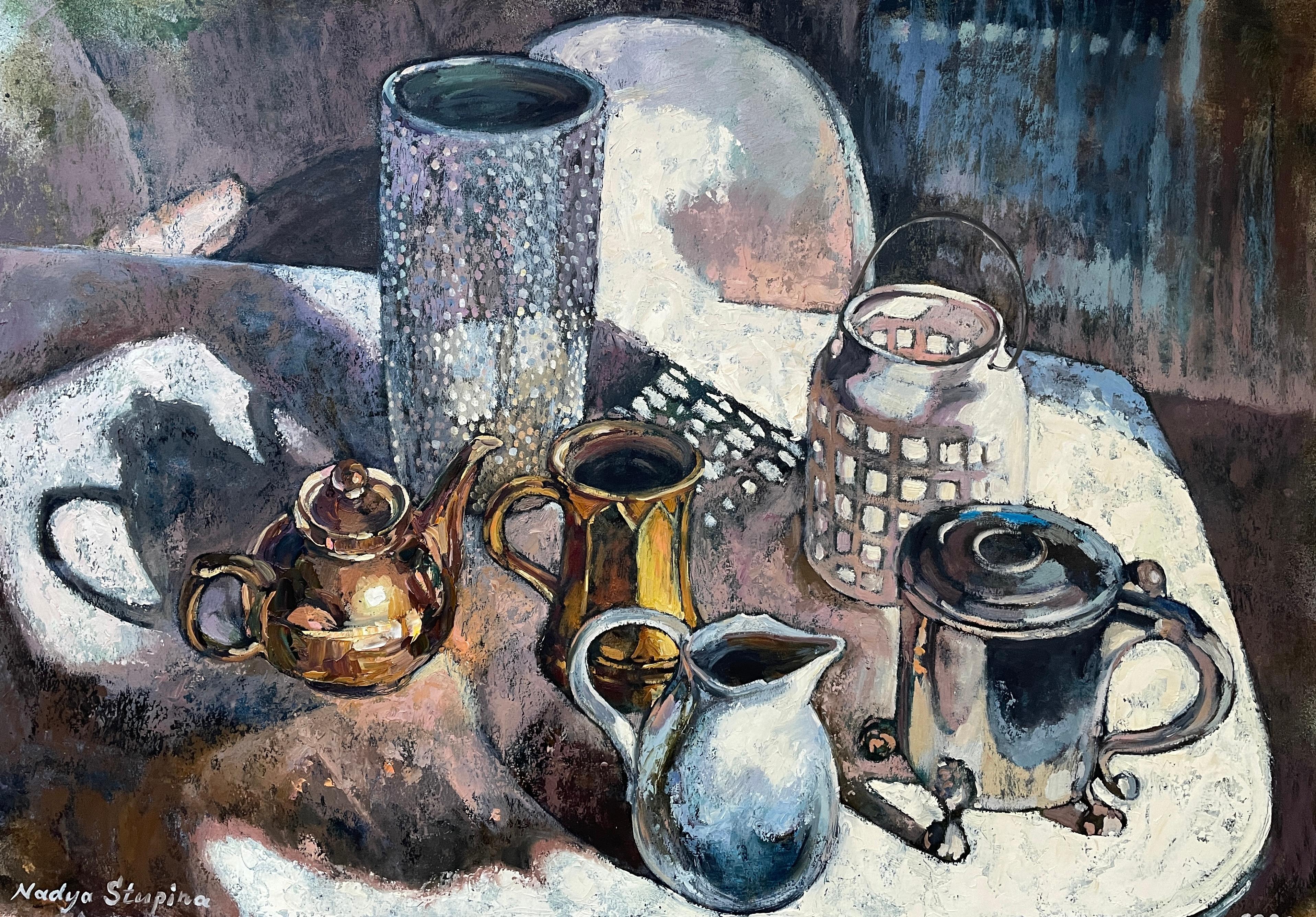Nadezda Stupina Still-Life Painting – "Gold, Silber  und weiß" Originales zeitgenössisches Stillleben. Groß, horizontal